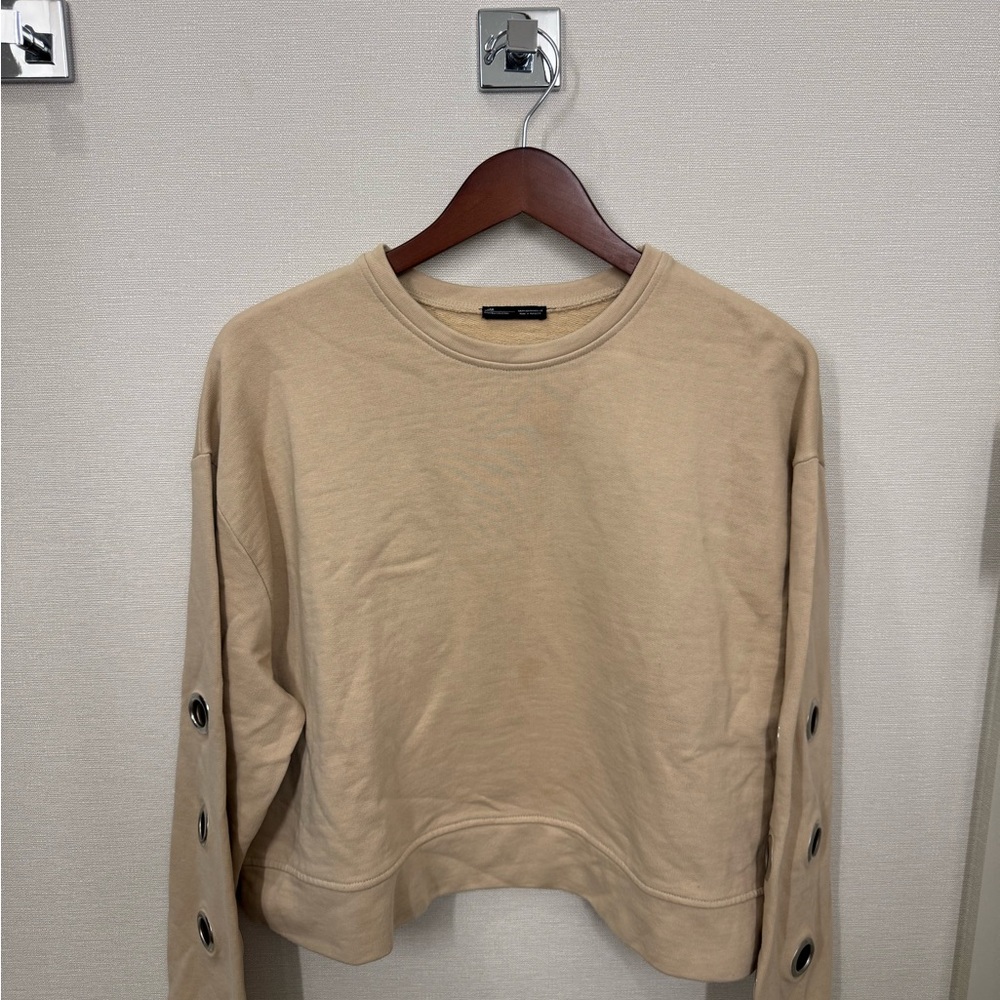 Zara Tan Crew Neck Sweater with Button Sleeves